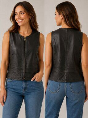 Garson by Rem Garson Leather Zip Front Vest Women’s Black  Petite Medium